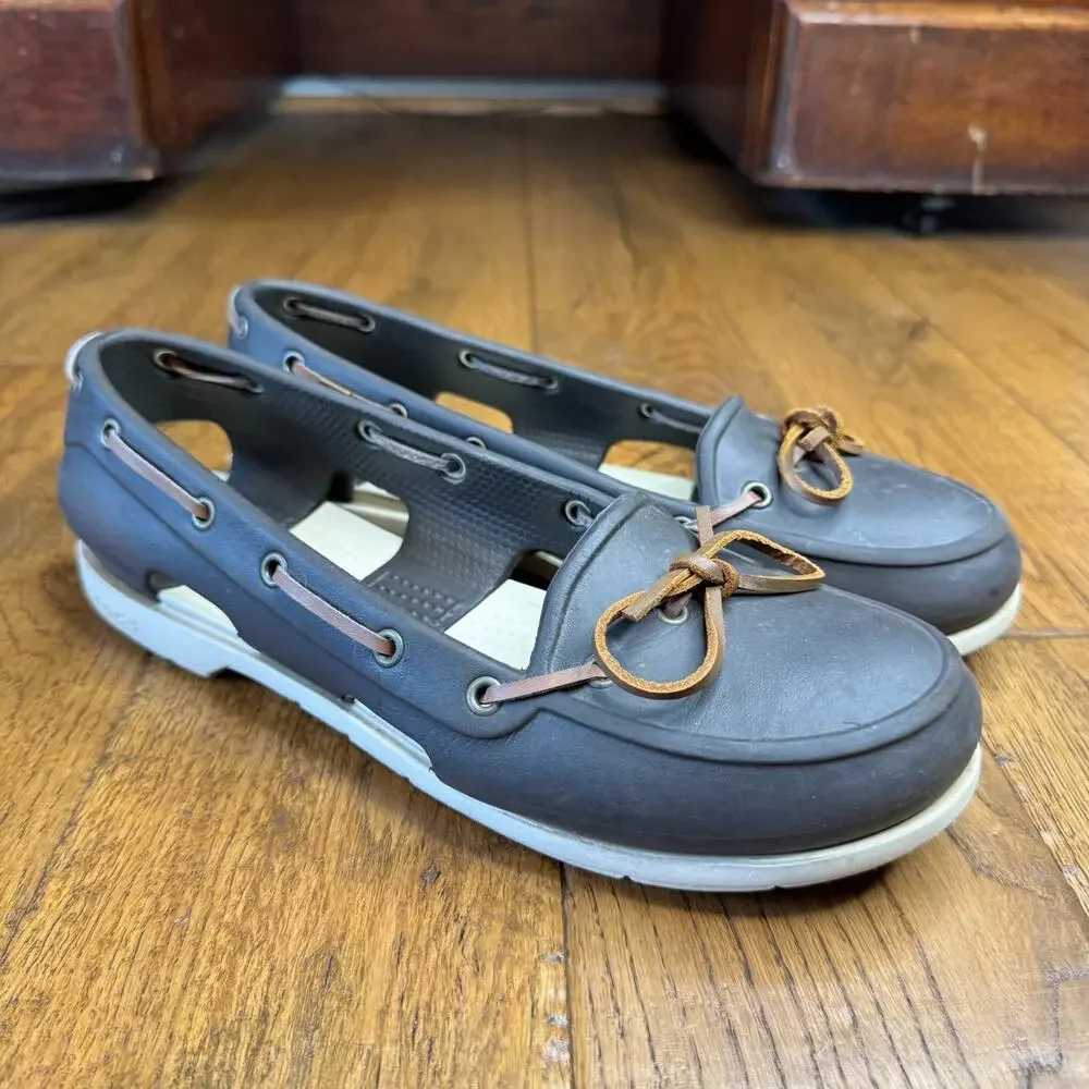 CROCS Womens 9 Beach Line Slip-On Boat Shoe Loafer Brown/White Nautical Comfort - Picture 3 of 5